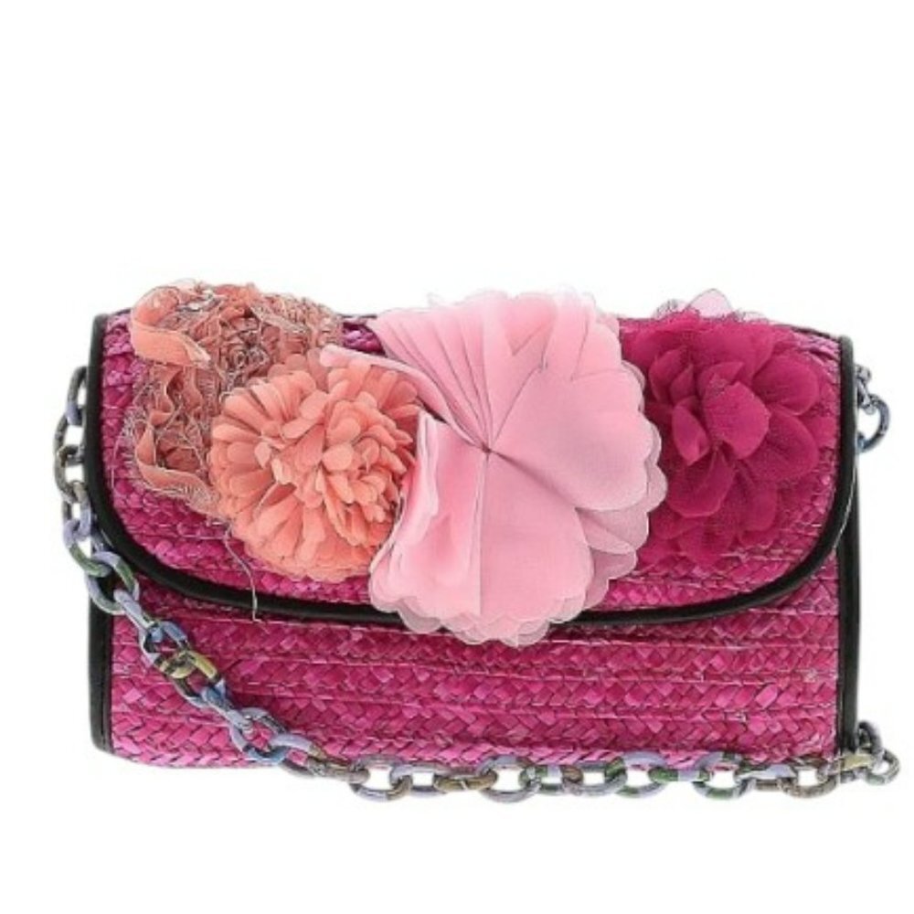 Betsey Johnson‎ Cross Body Hot Pink and Flowers and Chain Strap Straw Handbag…